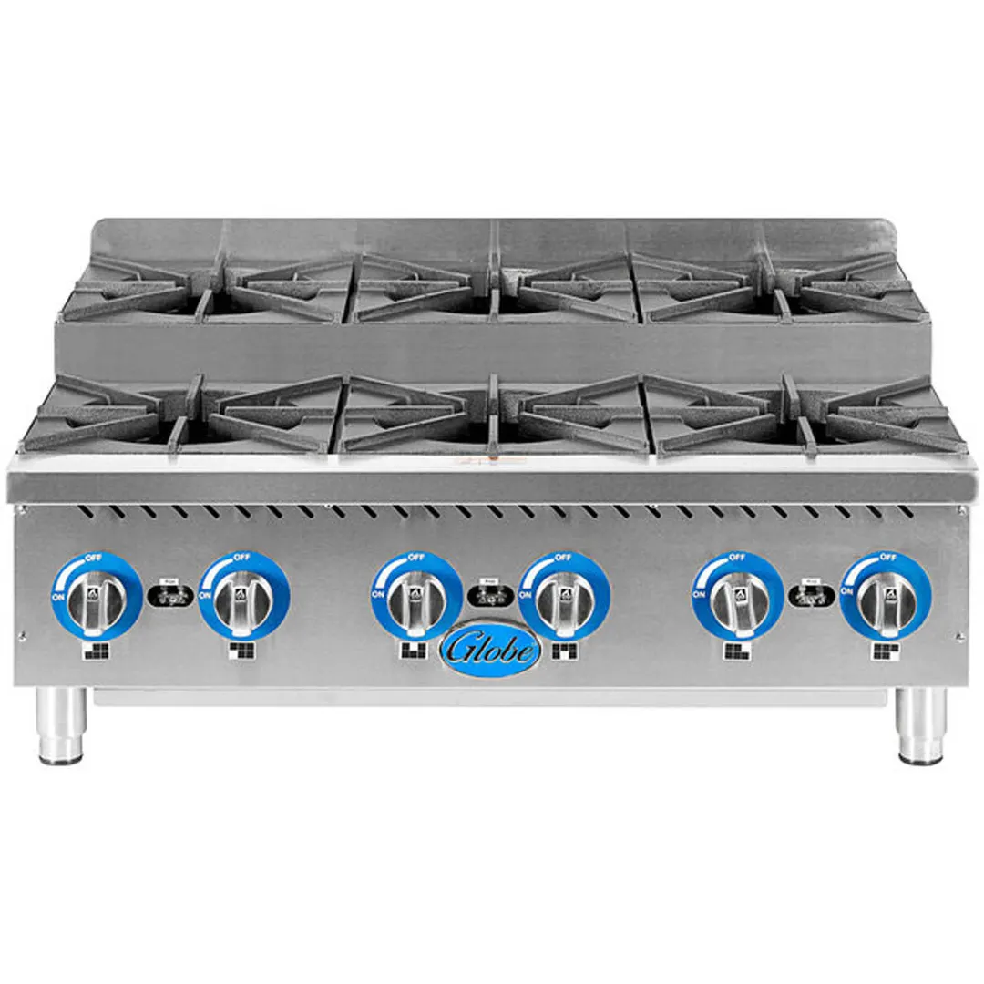 Globe GHPSU636G 36" Countertop Step-Up Gas Hotplate with (6) Burners, 180.000 BTU
