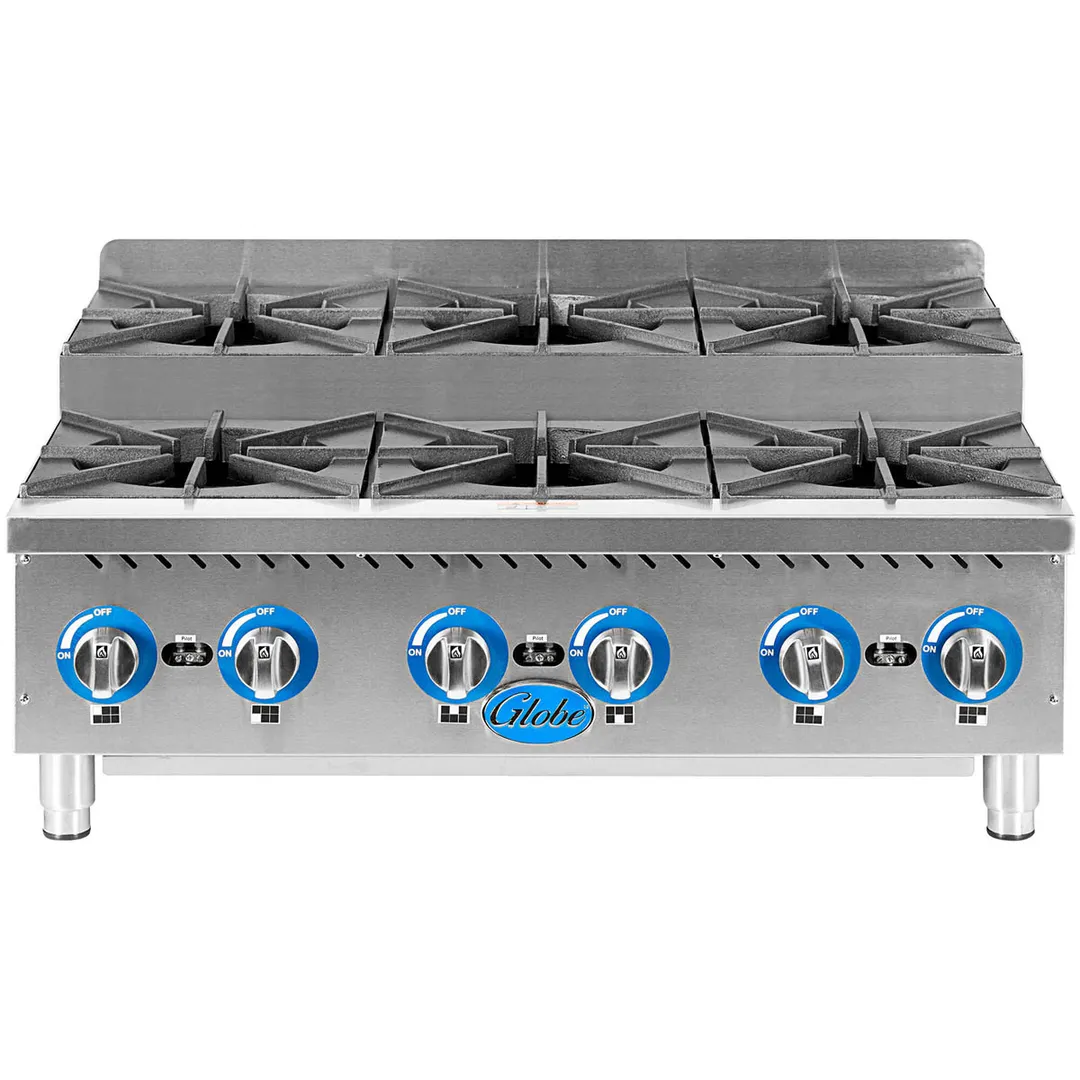 Globe GHPSU636G 36" Countertop Step-Up Gas Hotplate with (6) Burners, 180.000 BTU