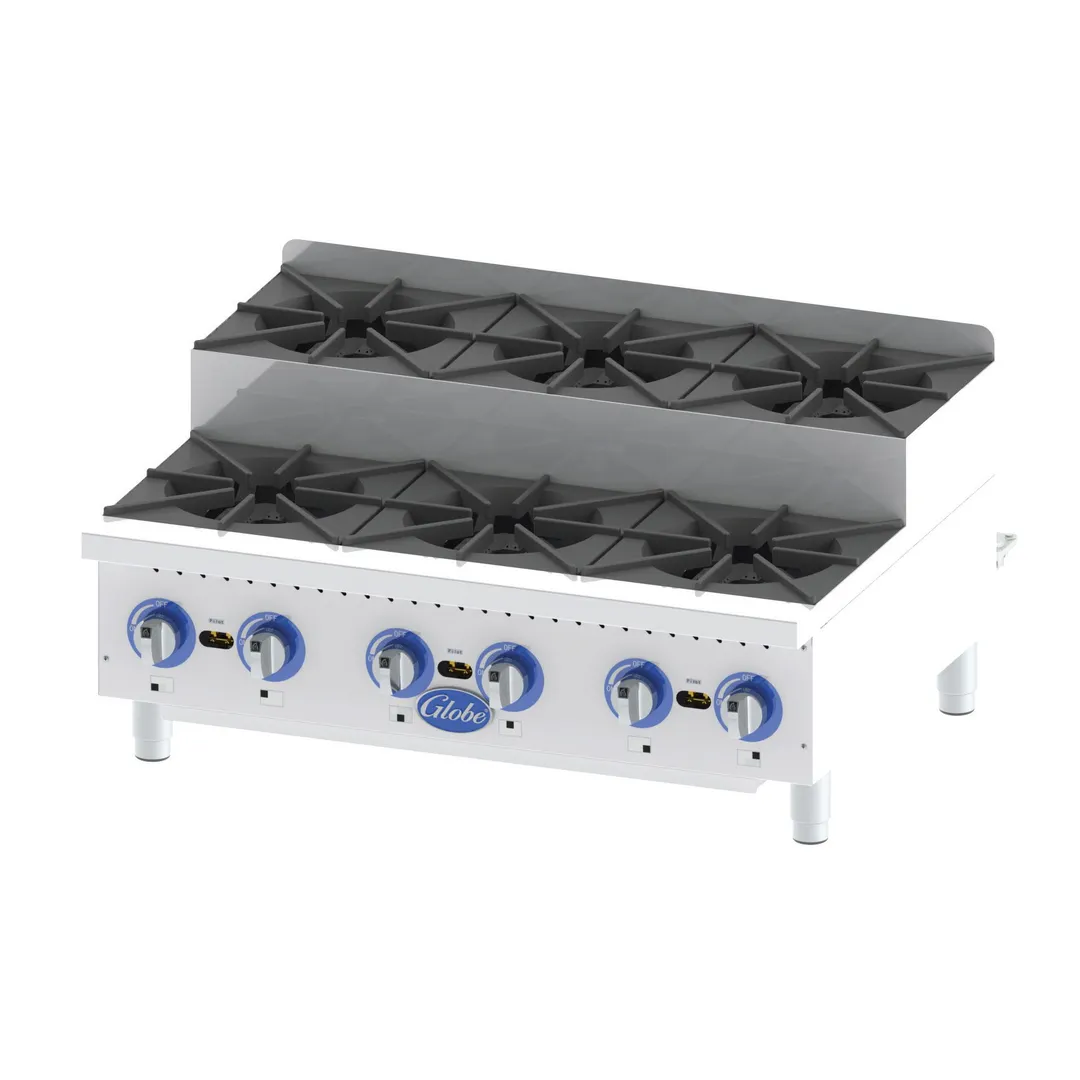 Globe GHPSU636G 36" Countertop Step-Up Gas Hotplate with (6) Burners, 180.000 BTU