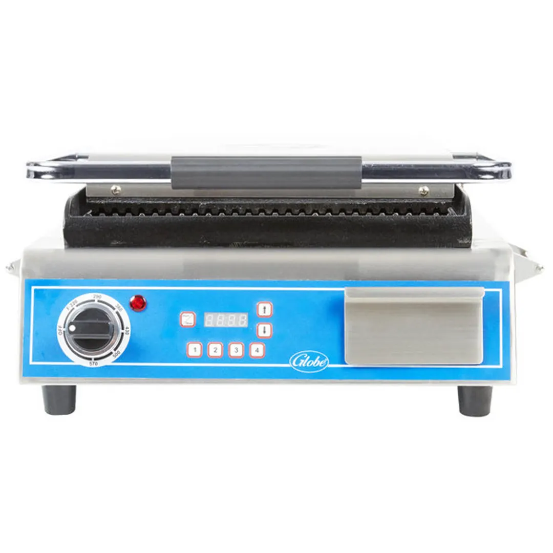 Globe GPG14D 22" Sandwich Panini Grill w/ Timer, 14" x 14" Grooved Plates, 120V