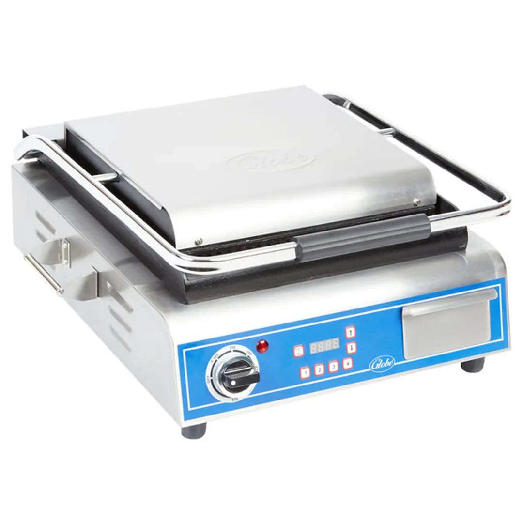 Globe GPG14D 22" Sandwich Panini Grill w/ Timer, 14" x 14" Grooved Plates, 120V