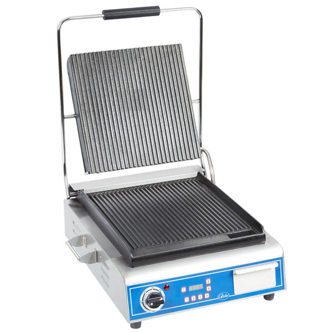 Globe GPG14D 22" Sandwich Panini Grill w/ Timer, 14" x 14" Grooved Plates, 120V