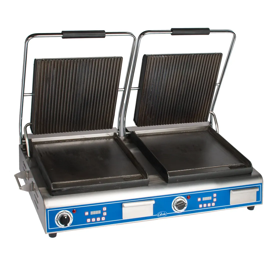 Globe GPGSDUE14D Double Sandwich Panini Grill w/ Timer, 14" x 14" Grooved & Smooth Plate, 208/240V