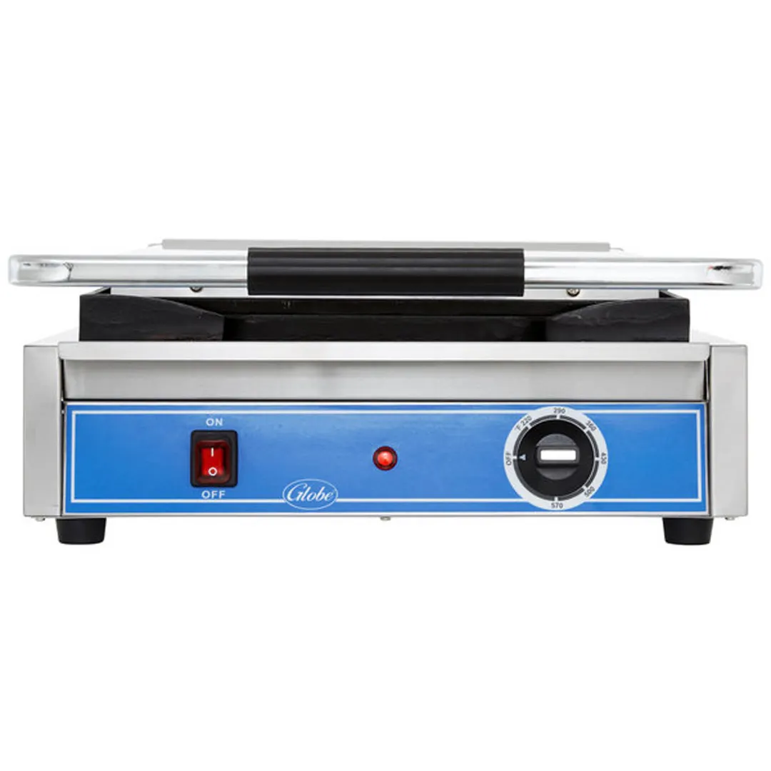 Globe GSG1410 19" Single Sandwich Panini Grill w/ 14" x 10" Smooth Plates, 120V
