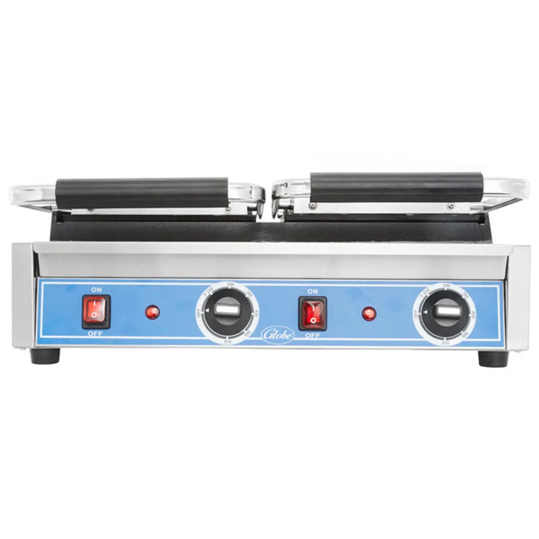 Globe GSGDUE10 Double Cast Iron Sandwich Panini Grill w/ 18" x 9" Smooth Plates, 240V