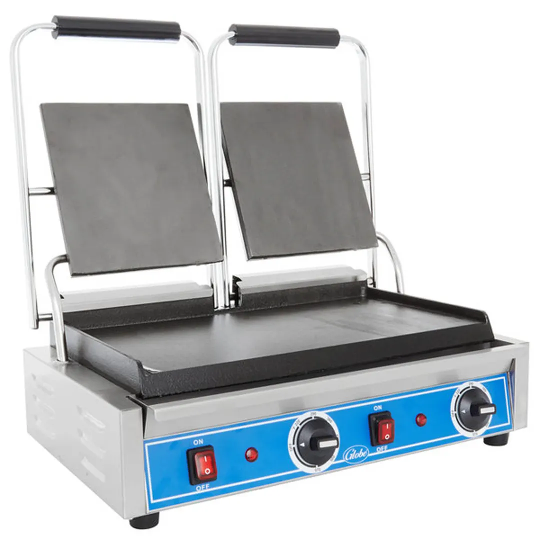 Globe GSGDUE10 Double Cast Iron Sandwich Panini Grill w/ 18" x 9" Smooth Plates, 240V