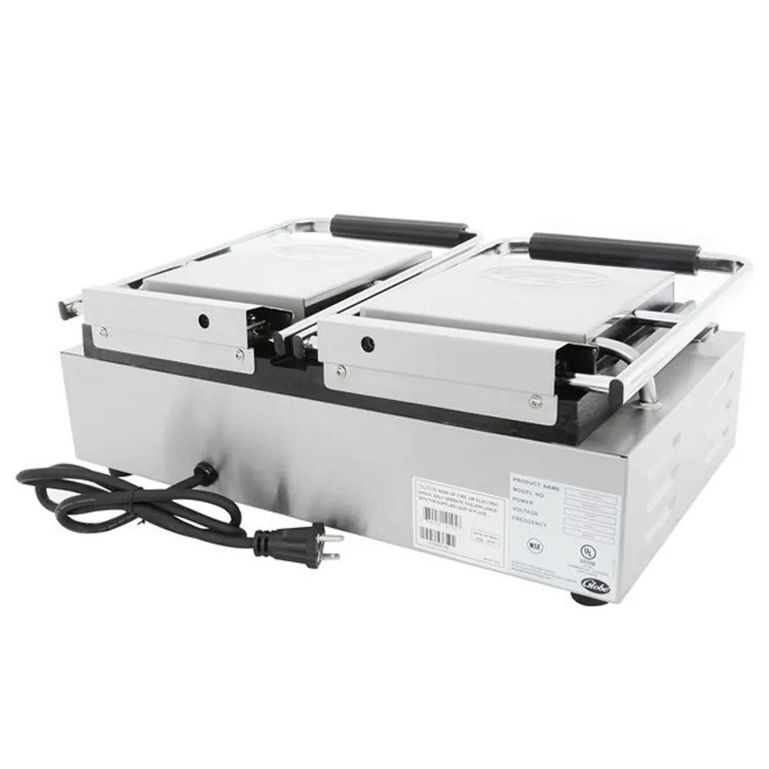 Globe GSGDUE10 Double Cast Iron Sandwich Panini Grill w/ 18" x 9" Smooth Plates, 240V