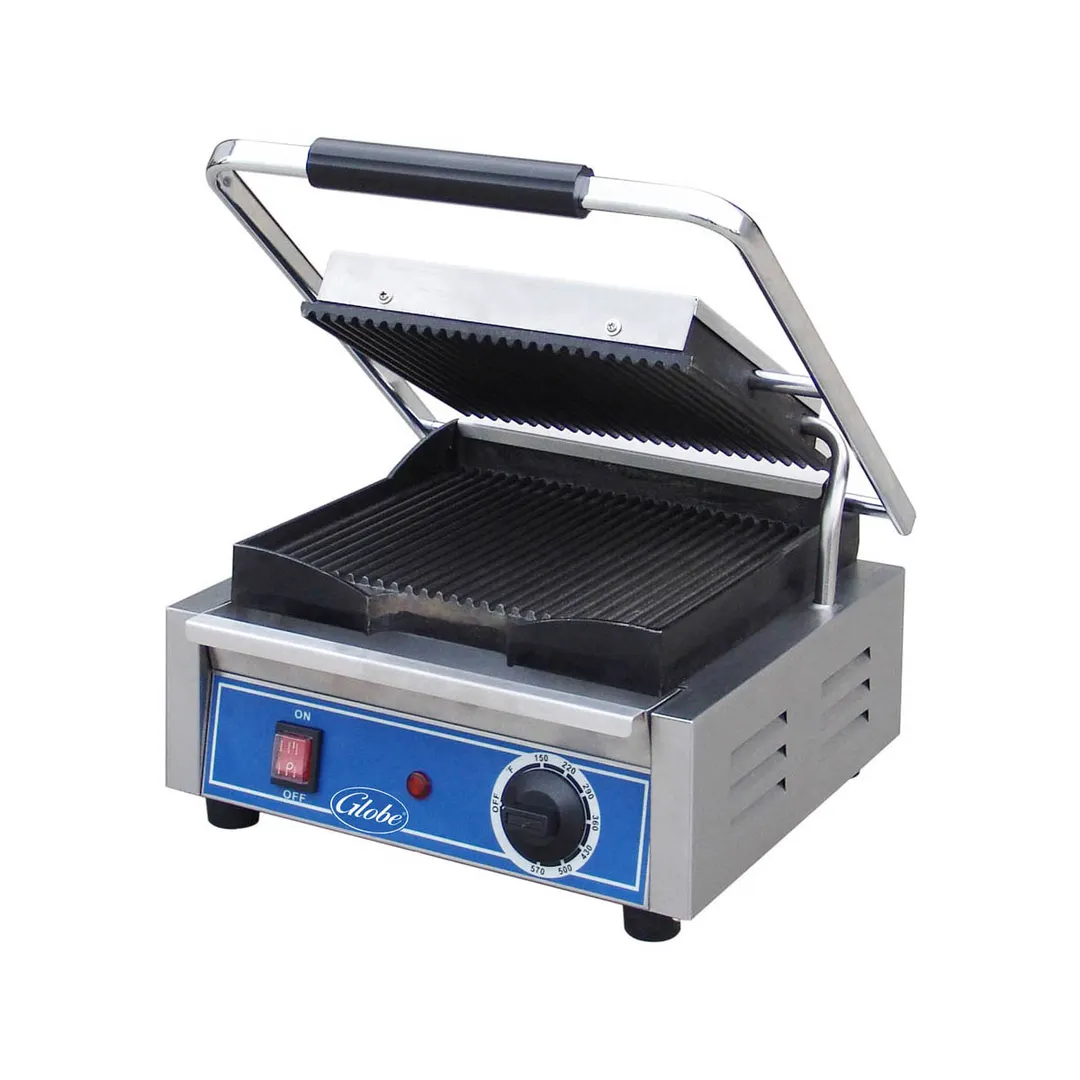 Globe GPG10 13" Bistro Sandwich Panini Grill w/ Cast Iron Grooved Plates, 10" x 9.5" Surface, 120V