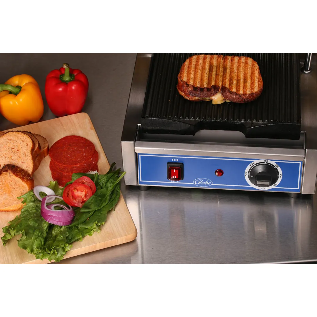 Globe GPG10 13" Bistro Sandwich Panini Grill w/ Cast Iron Grooved Plates, 10" x 9.5" Surface, 120V