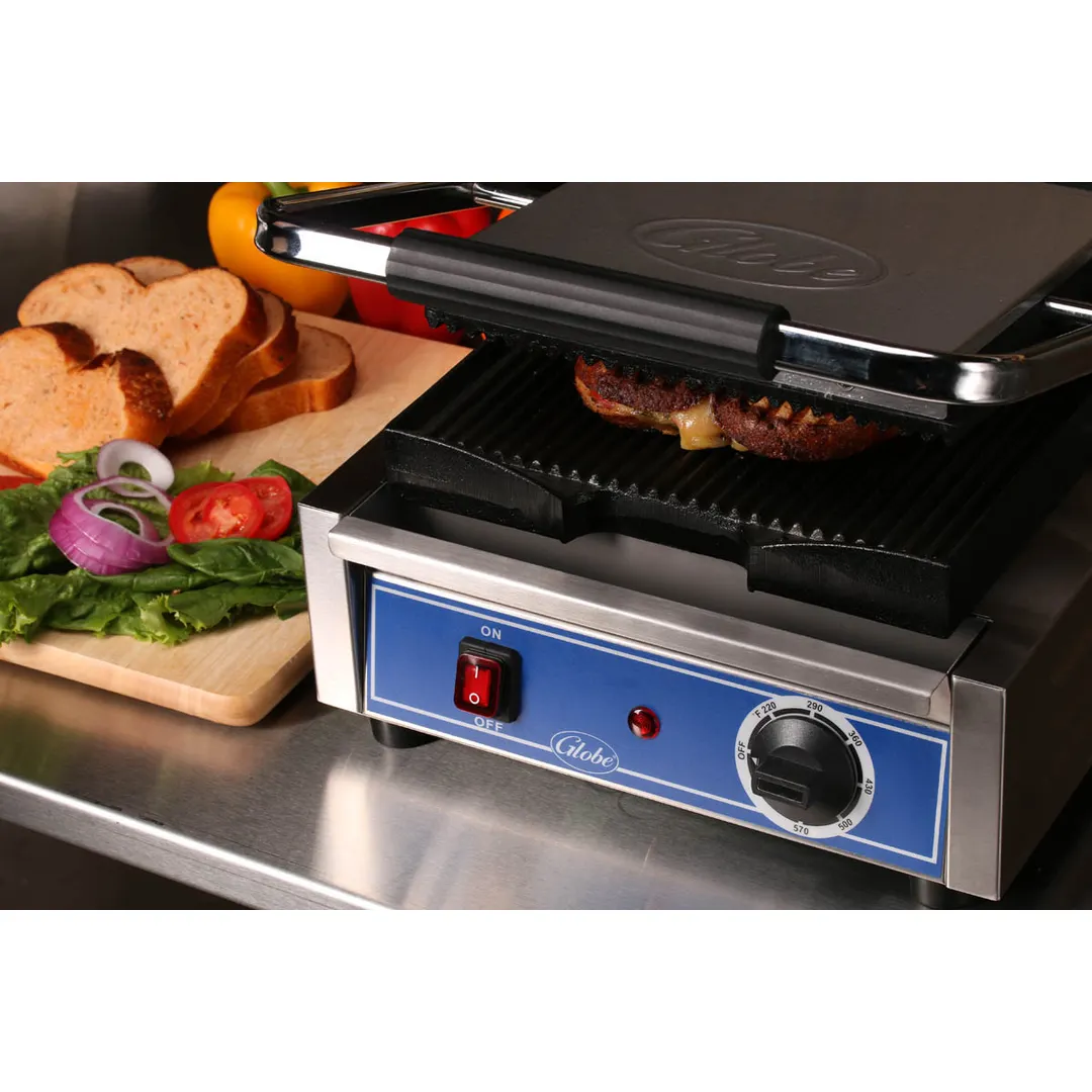 Globe GPG10 13" Bistro Sandwich Panini Grill w/ Cast Iron Grooved Plates, 10" x 9.5" Surface, 120V