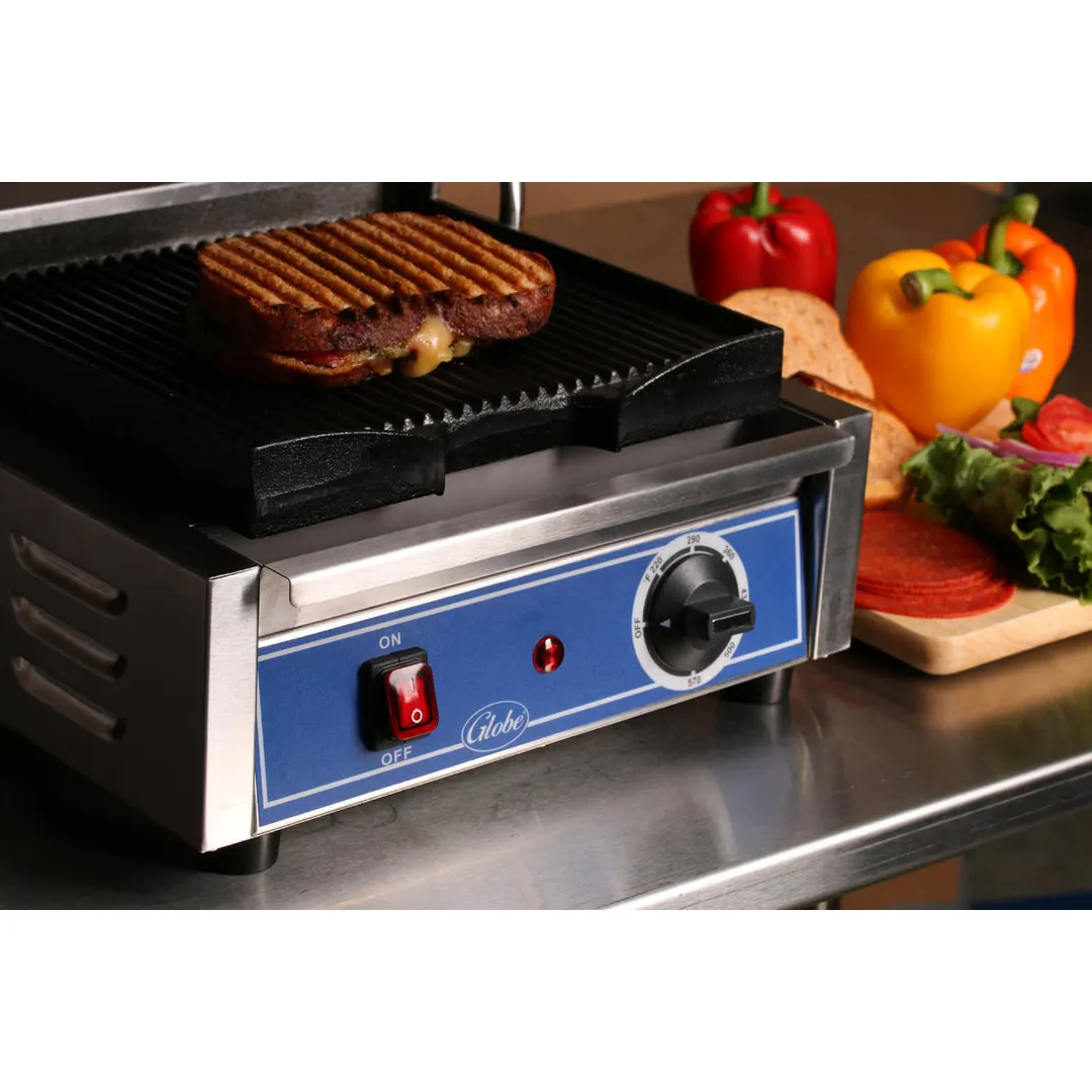 Globe GPG10 13" Bistro Sandwich Panini Grill w/ Cast Iron Grooved Plates, 10" x 9.5" Surface, 120V
