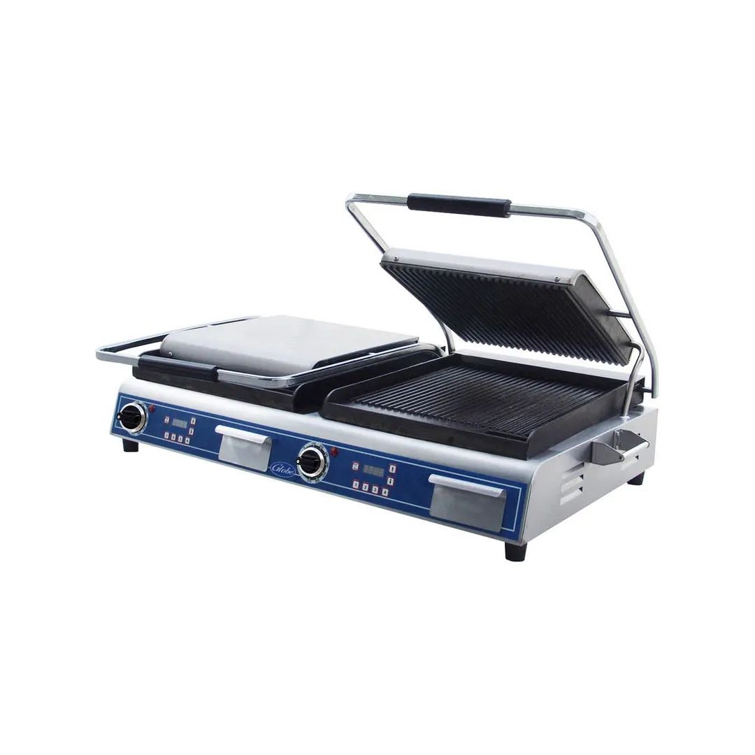 Globe GPGDUE14D 40" Double Sandwich Panini Grill w/ Timer, 14" x 10" Grooved Plates, 208/240V