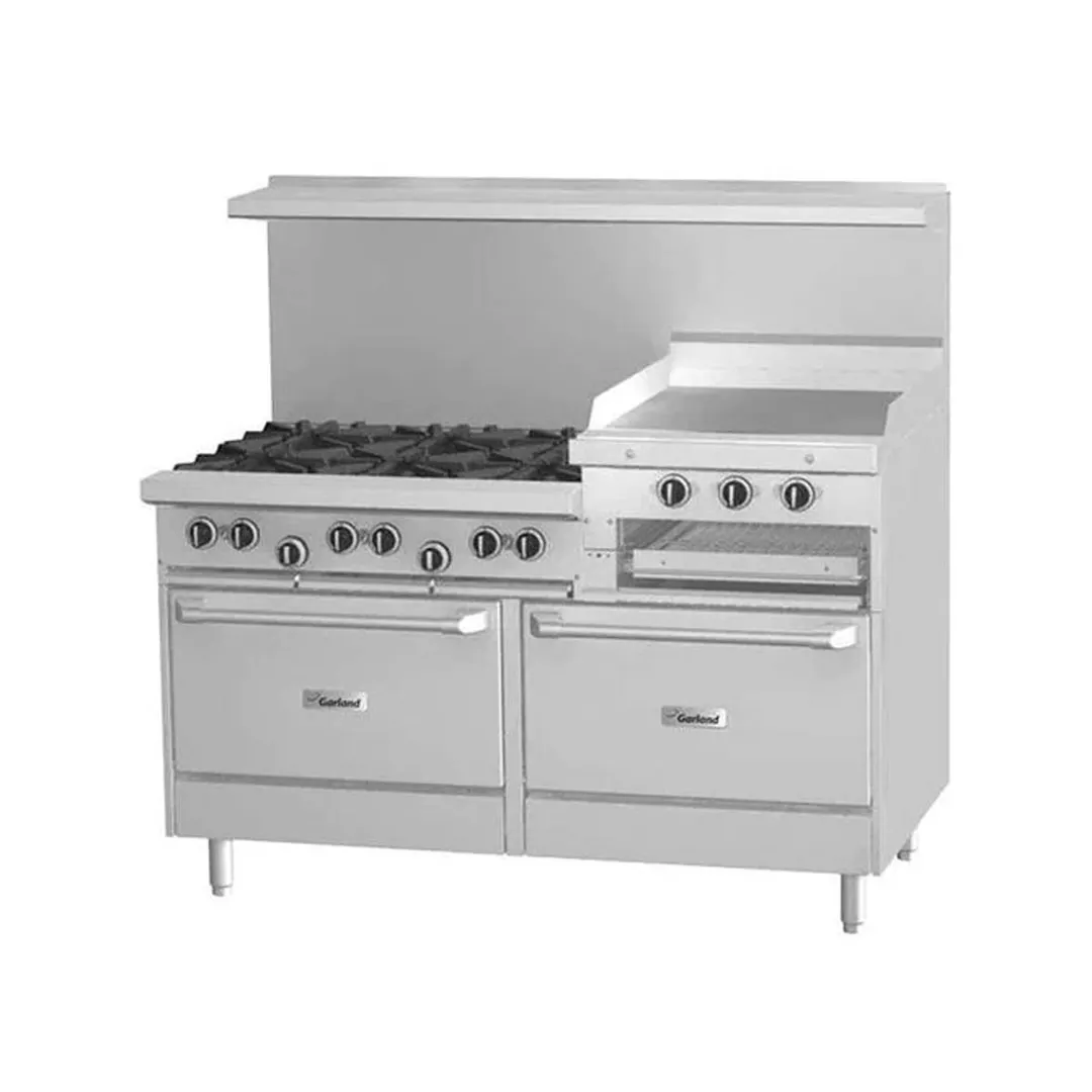 Garland US Range G60-6R24RS 60" Gas Restaurant Range w/ (6) Open Burners, 24" Raised Griddle/Broiler, (1) Standard Oven, (1) Cabinet Base, 269.000 BTU
