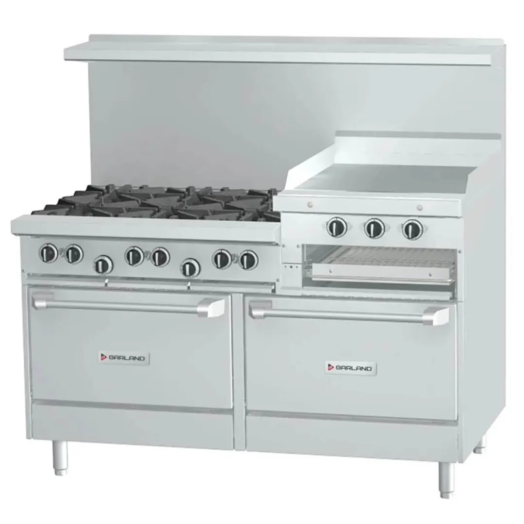 Garland US Range GF60-6R24RR 60" Gas Restaurant Range w/ (6) Open Burners, 24" Raised Griddle/Broiler, (2) Standard Ovens, 265.000 BTU