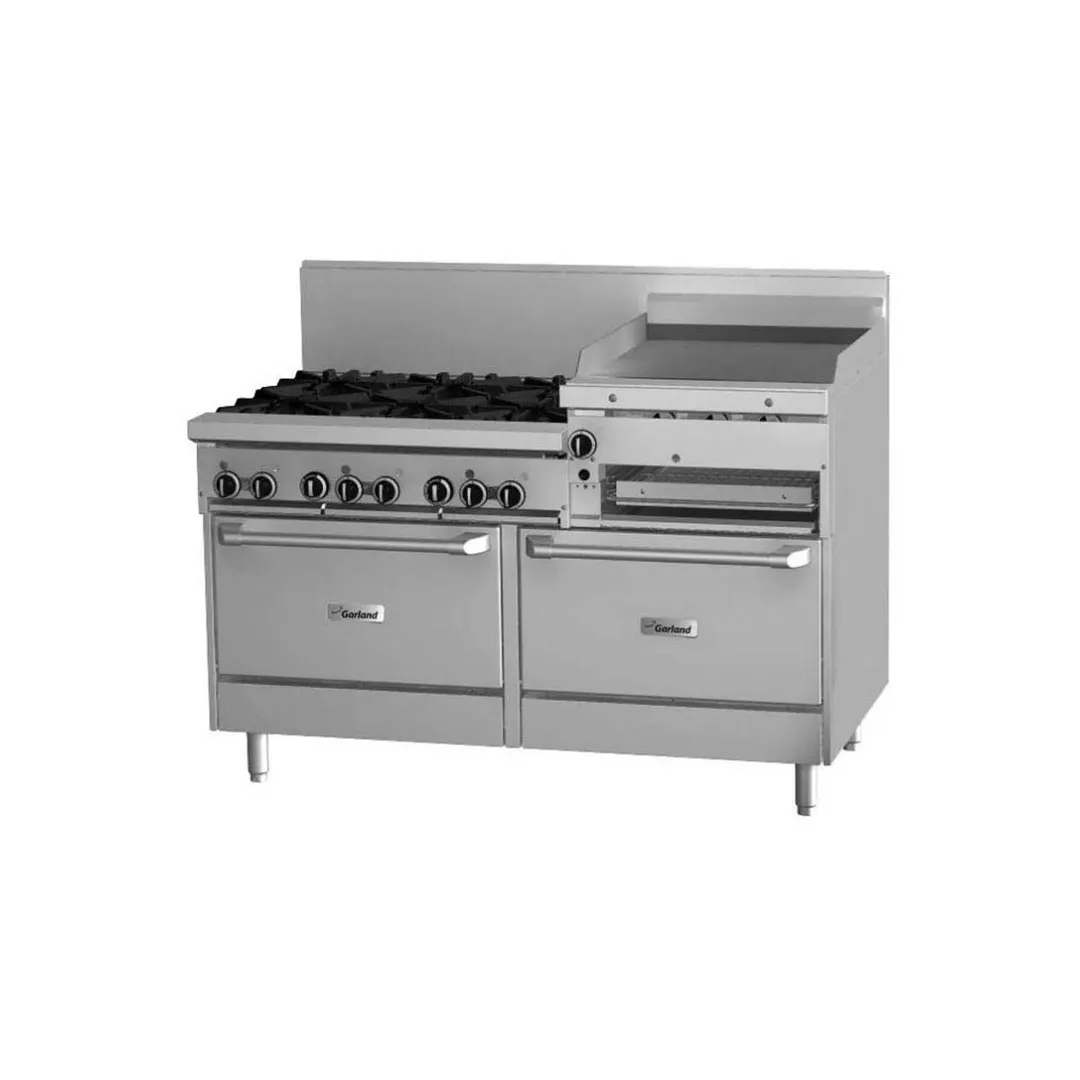 Garland US Range GFE60-6R24RS 60" Gas Restaurant Range w/ 6) Open Burners, 24" Raised Griddle/Broiler, Electric Spark Ignition, (1) Standard Oven, (1) Cabinet Base, 227.000 BTU