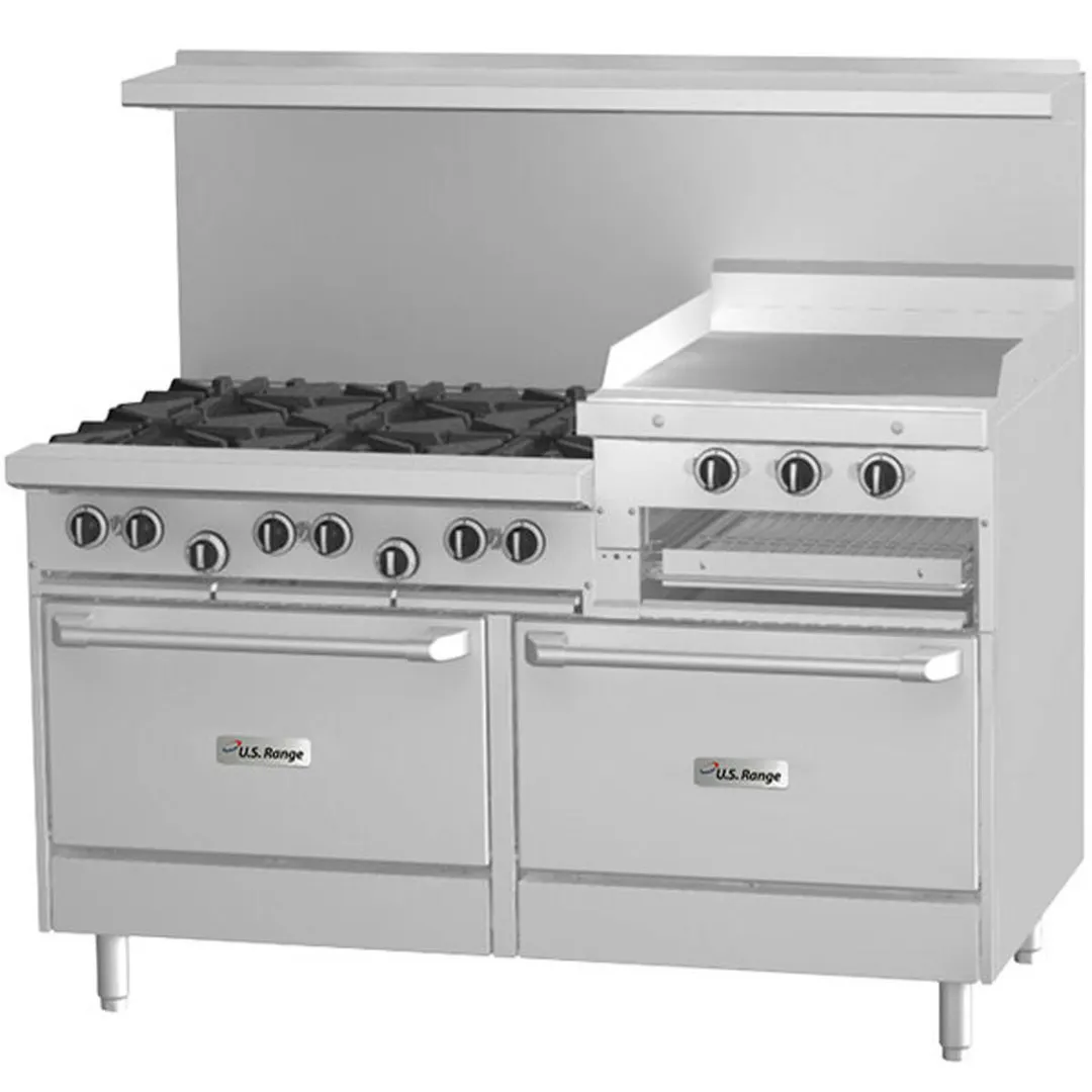 Garland US Range U60-6R24RS 60" Gas Restaurant Range w/ (6) Open Burners, 24" Raised Griddle/Broiler, (1) Standard Oven, (1) Cabinet Base, 263.000 BTU