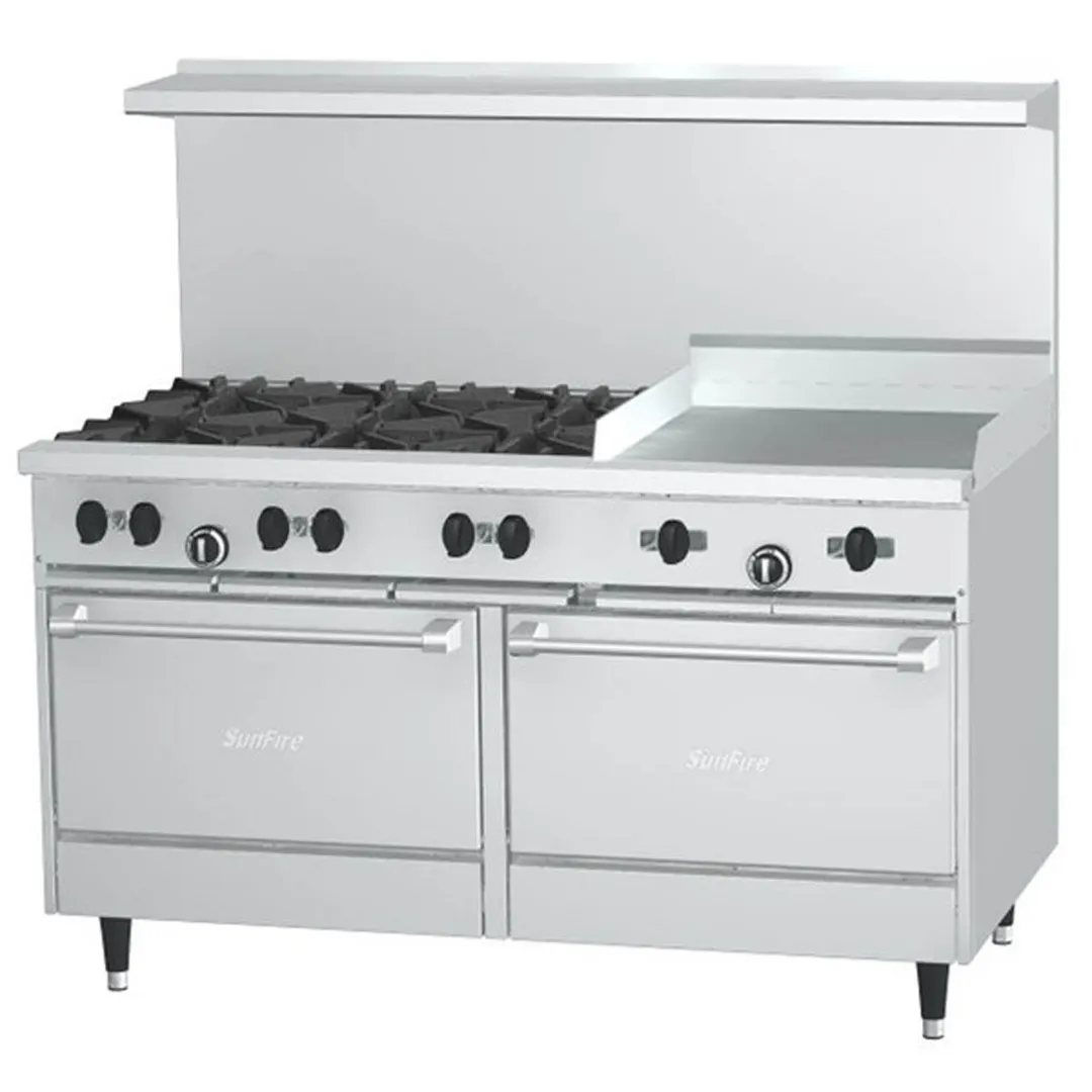 Garland US Range X60-6G24RR 60" Gas Restaurant Range, (6) Open Burners, 24" Griddle, (2) Standard Ovens, 282.000 BTU
