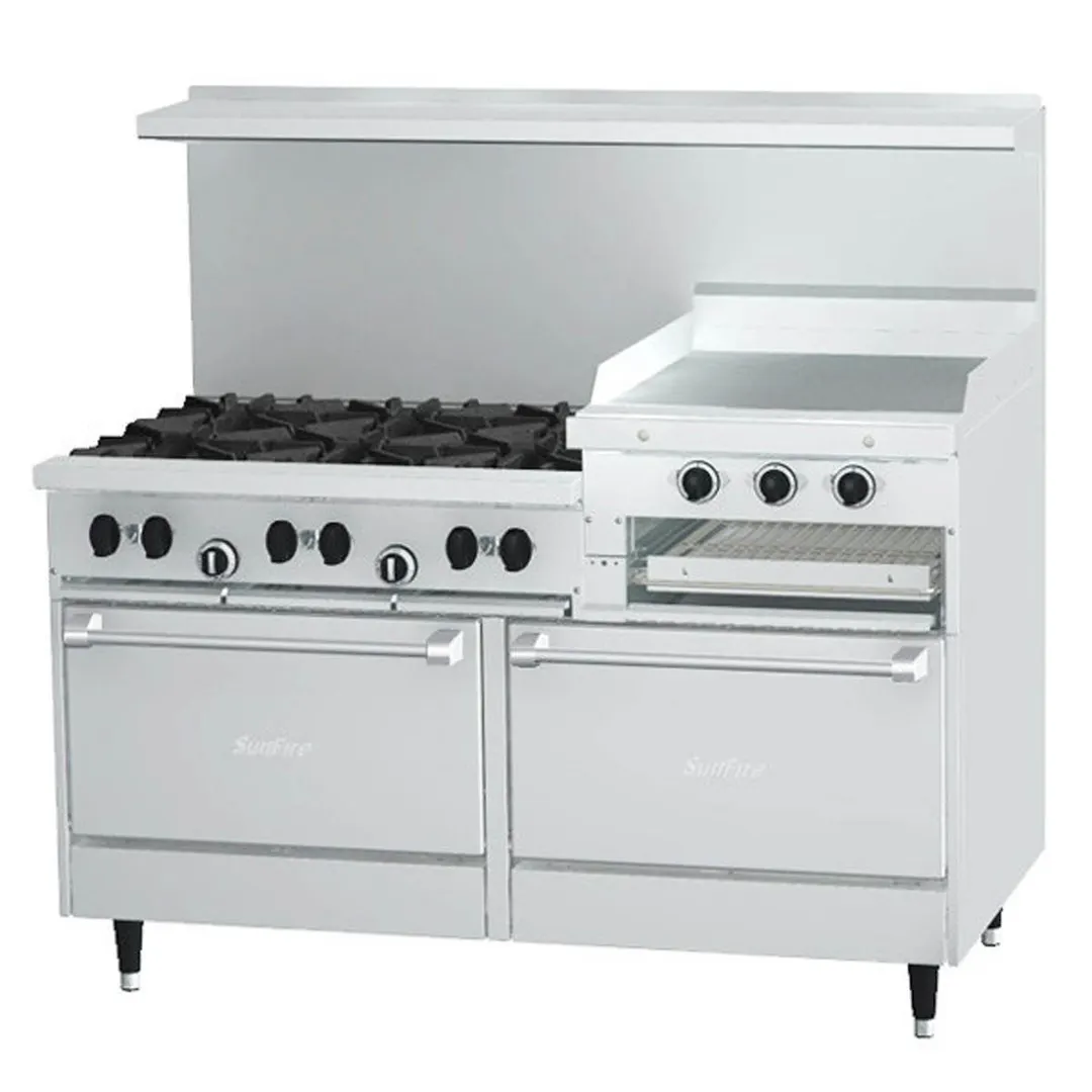 Garland US Range X60-6R24RR 60" Gas Restaurant Range, (6) Open Burners, 24" Raised Griddle/Broiler, (2) Standard Ovens, 279.000 BTU