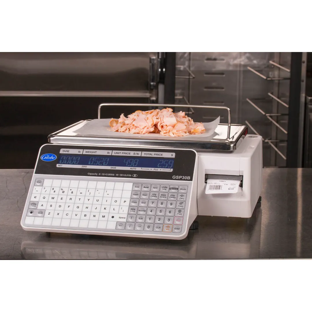 Globe GSP30B Label Scale – 30 lb, .01 lb Accuracy, 10"x14" Stainless Steel Platform, UL/NTEP Legal, Dual‑Side LCD