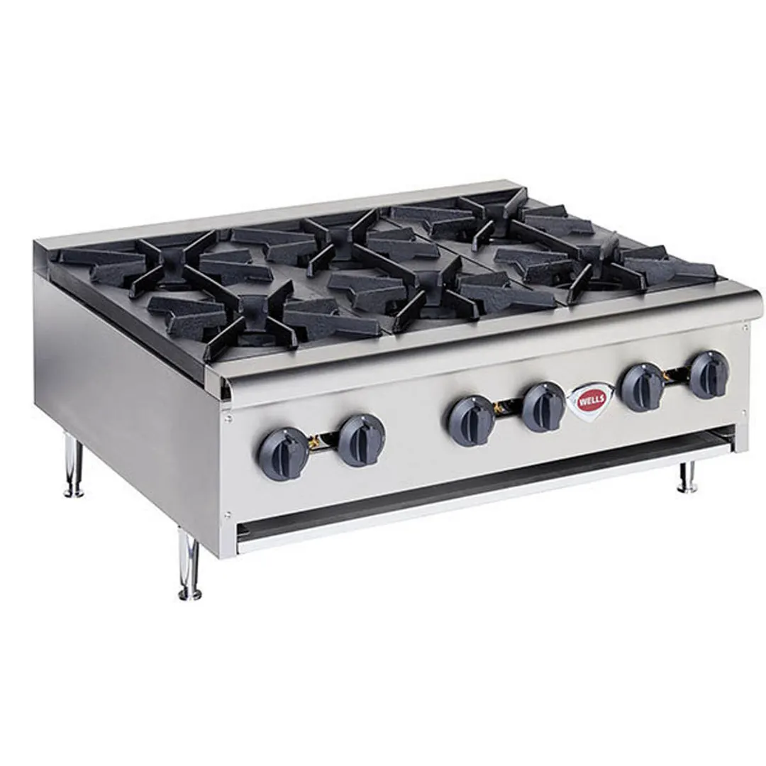 Wells HDHP-3630G 35" Countertop Gas Hotplate with (6) Burners, Manual Controls, 159.000 BTU