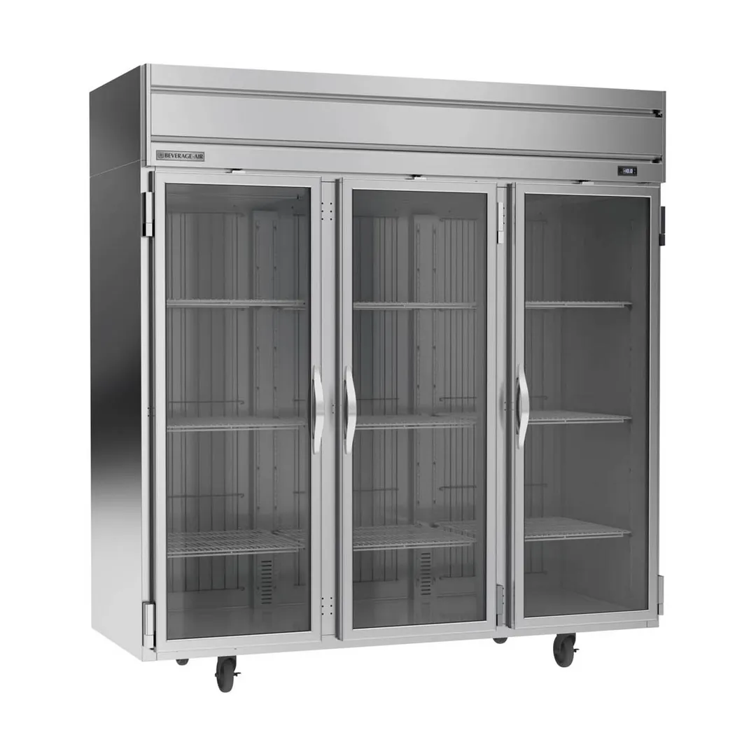 Beverage Air HFP3HC-1G 78" 3-Glass Door Reach-In Freezer, Top Mounted, 69.1 cu. ft., Stainless Steel