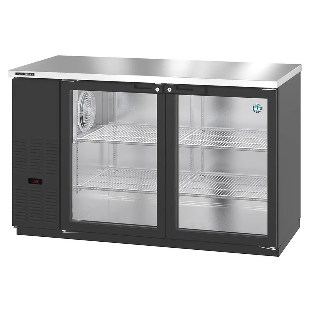Hoshizaki BB59-G 59" Two Section Black 2 Swinging Glass Door Back Bar Cooler, 18.45 cu. ft.