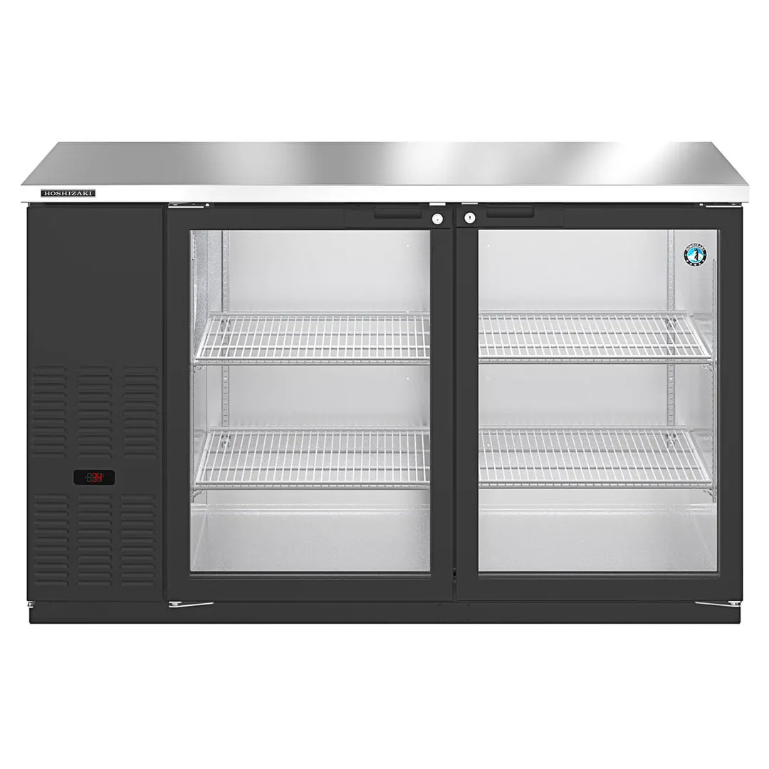 Hoshizaki BB59-G 59" Two Section Black 2 Swinging Glass Door Back Bar Cooler, 18.45 cu. ft.