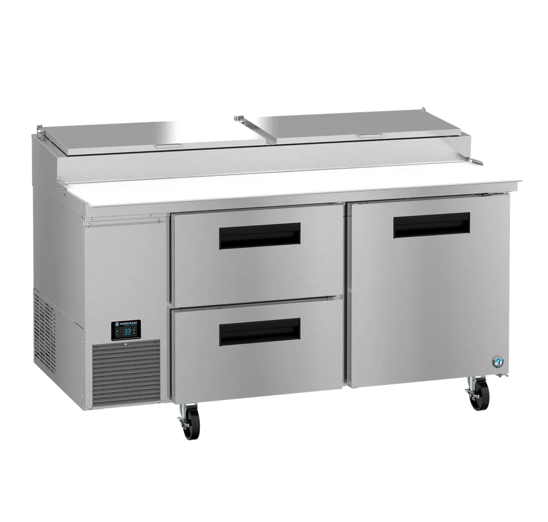 Hoshizaki PR67B-D2 67" 2-Section Refrigerated Pizza Prep Table w/ 1 Door & 2 Drawers