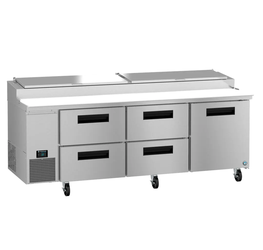 Hoshizaki PR93B-D4 93" 3-Section Refrigerated Pizza Prep Table w/ 1 Door & 4 Drawers