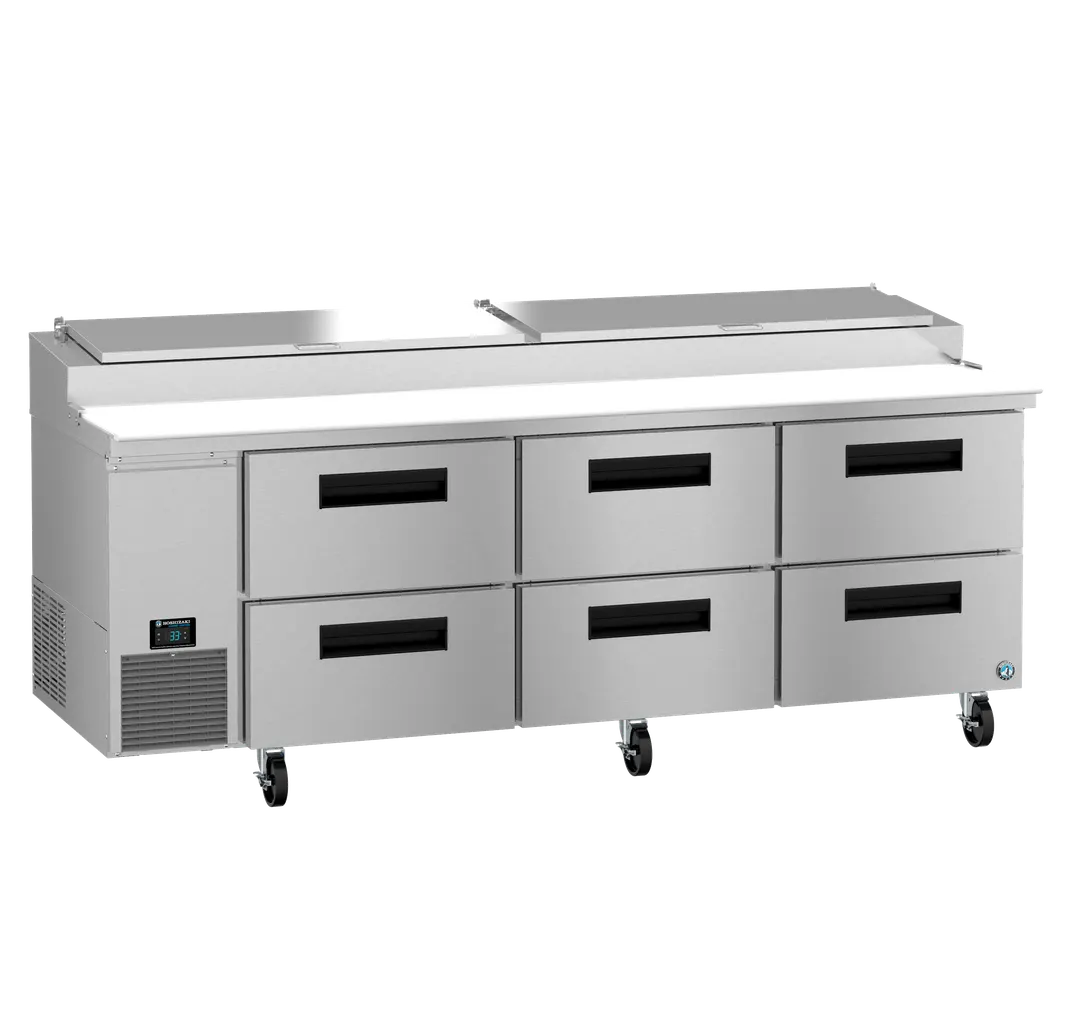 Hoshizaki PR93B-D6 93" 3-Section Refrigerated Pizza Prep Table w/ 6 Drawers, (9) 1/3 Size Pan