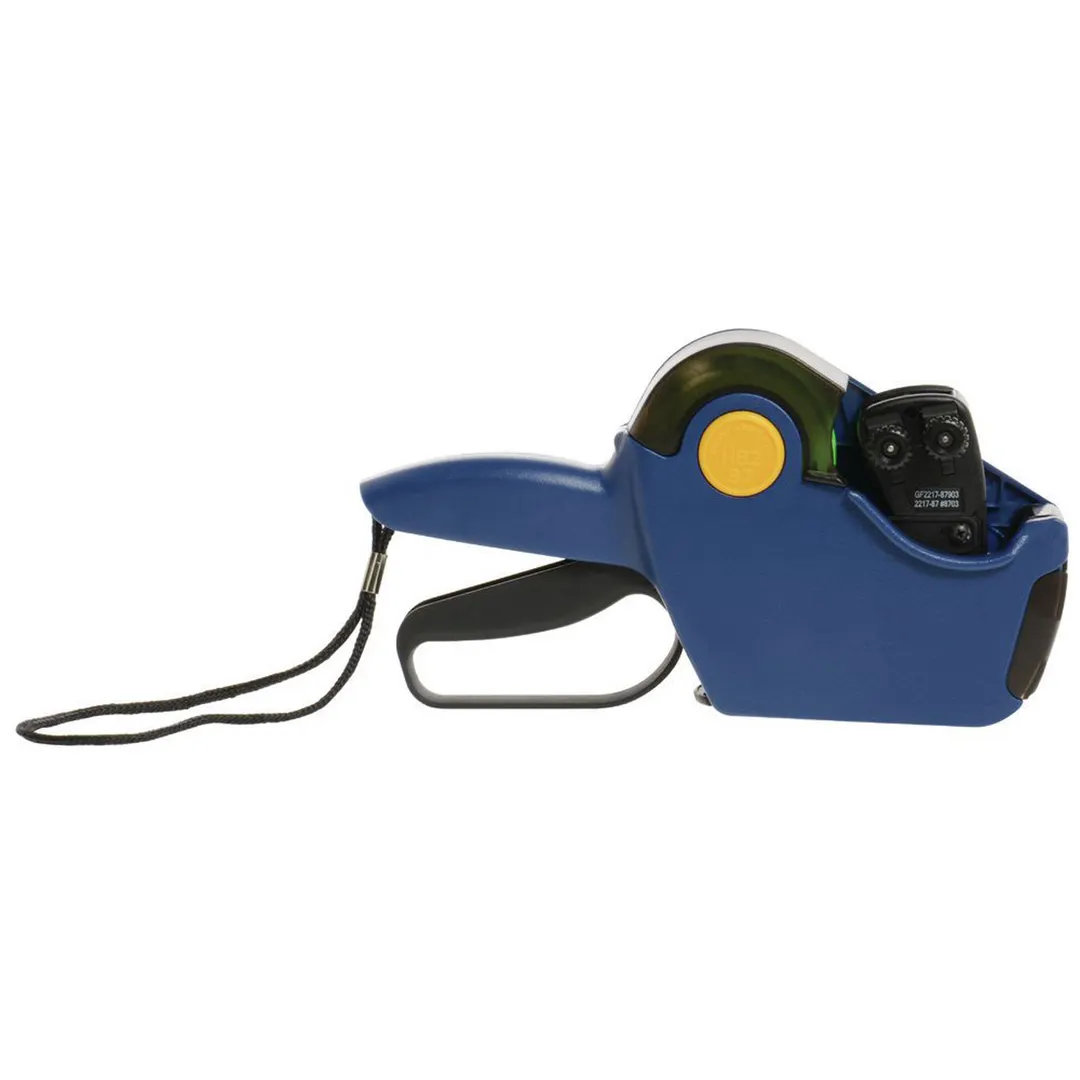 Hubert 17448 Label Gun, 2-Line, 8/7 Characters, Blue Plastic, Black Imprint, Includes Replacement Ink Roller