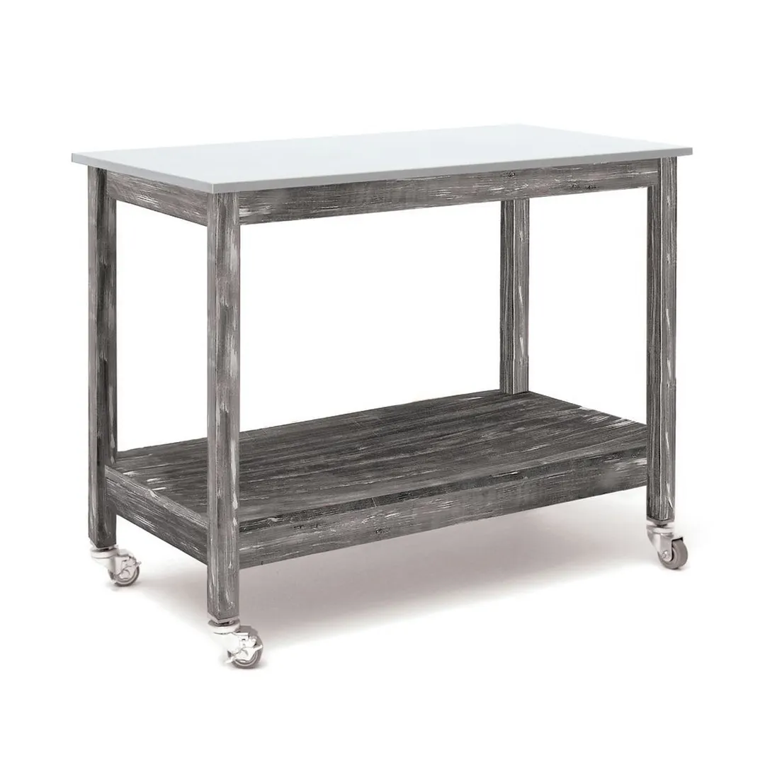 Hubert 26615 Table - 48" x 24" x 37" H 2‑Shelf, 22‑1/2" Spacing, Metal Top, Solid Pine, Rustic Grey