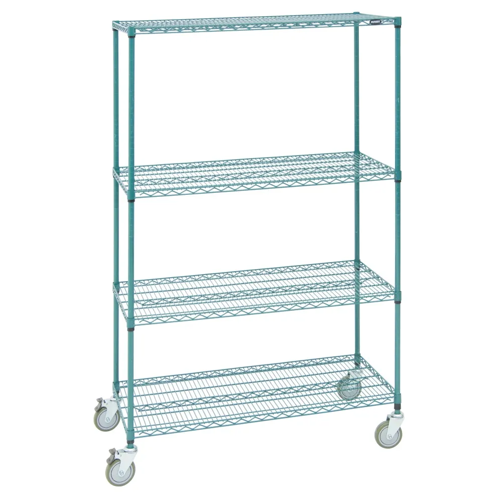 Hubert 29971 Mobile 4-Shelf Green Epoxy Mobile Wire Shelving Unit - 48"W x 24"D x 78"H