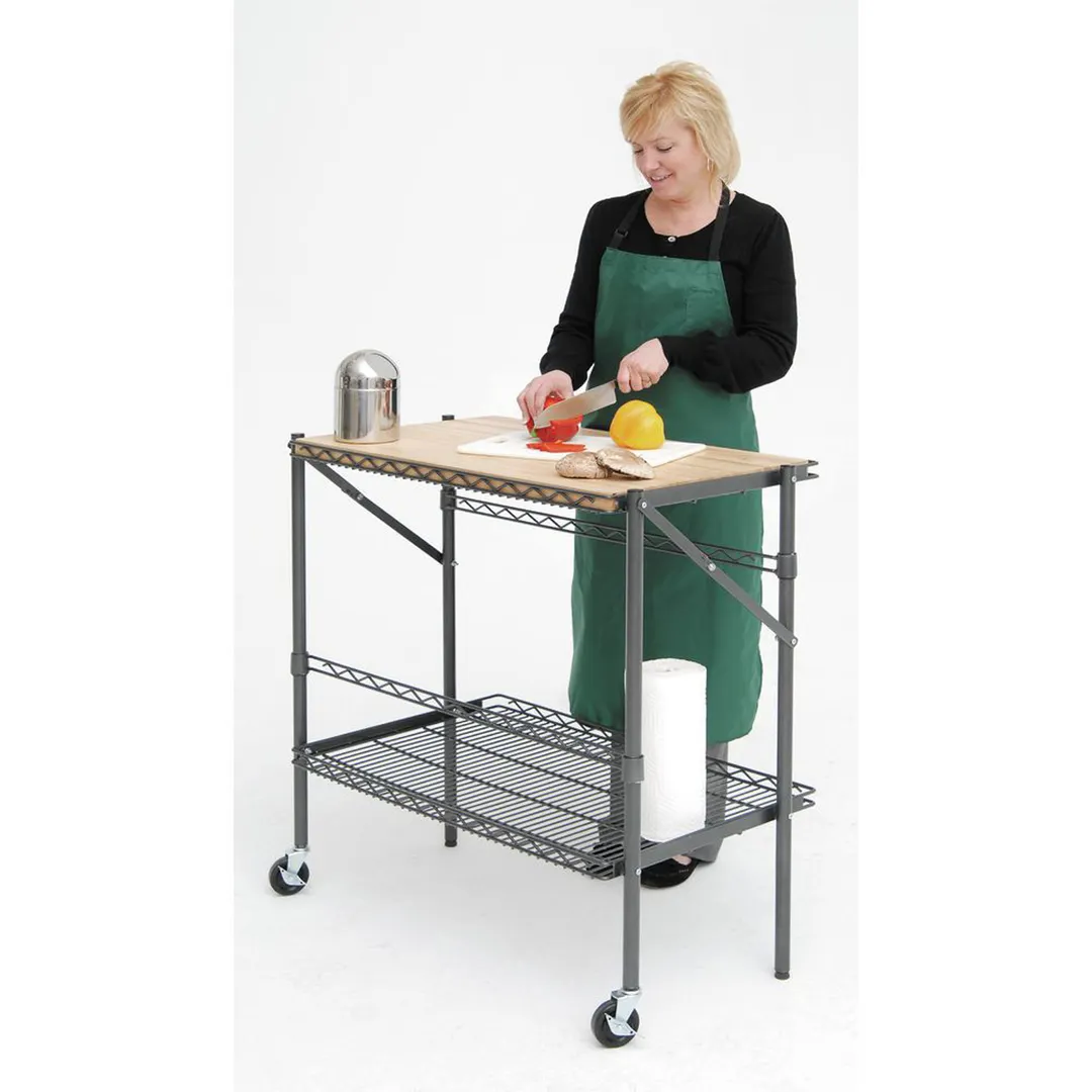Hubert 31179 Demo Table – 2‑Shelf Mobile, 34‑3/4" x 20" x 36‑1/2" Folds, 200 lb, Epoxy Steel, Flint