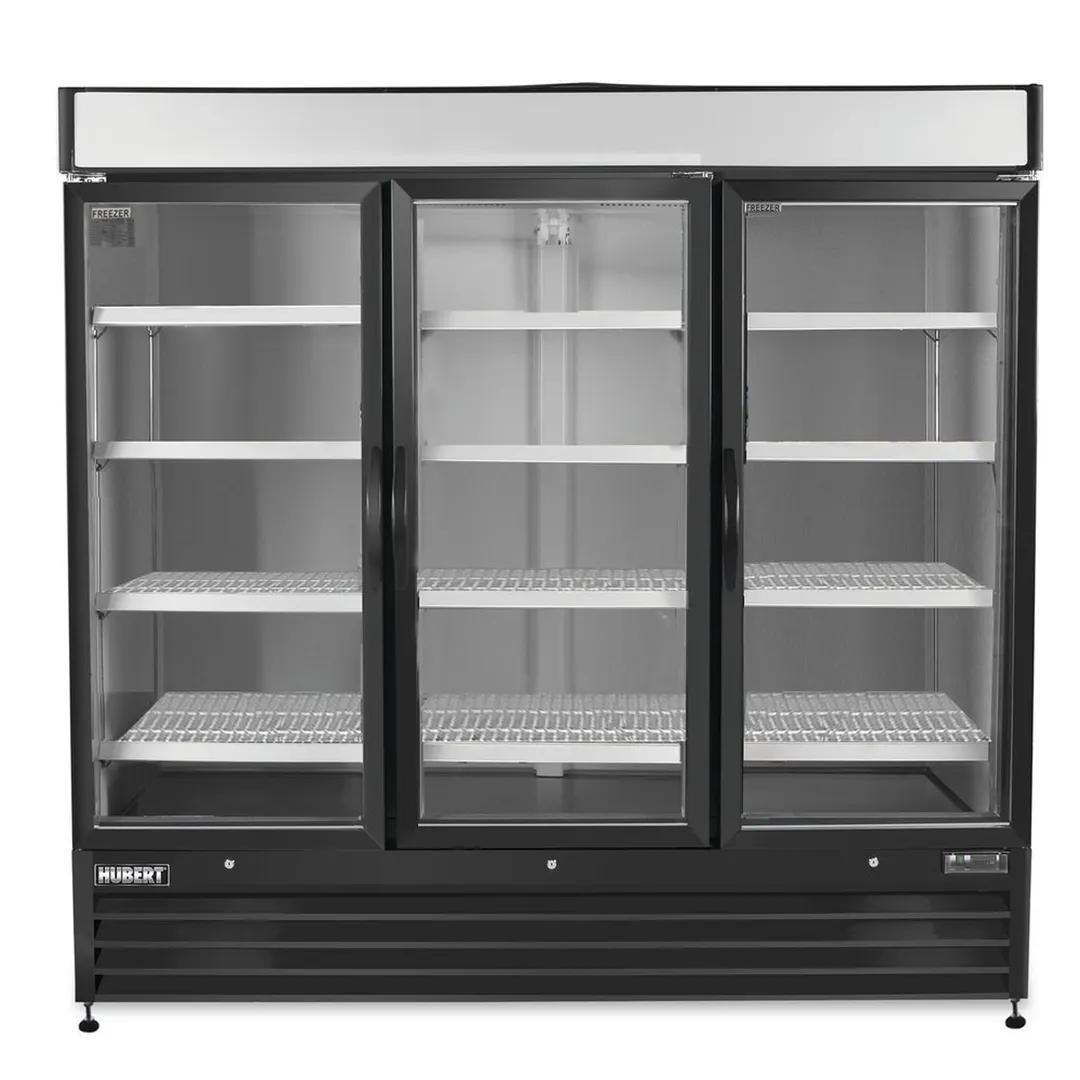 Hubert 50761 3‑Section Glass Door Freezer Merchandiser, 72 cu ft, 81" W x 38" D, 1.25 HP, LED Light