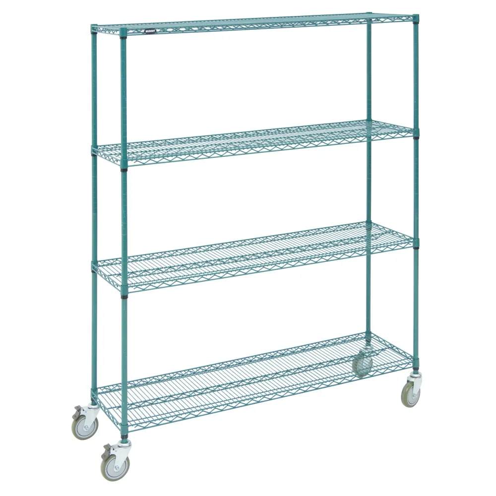 Hubert 69963 4-Shelf Green Epoxy Coated Mobile Wire Shelving Unit - 60"W x 18"D x 78"H