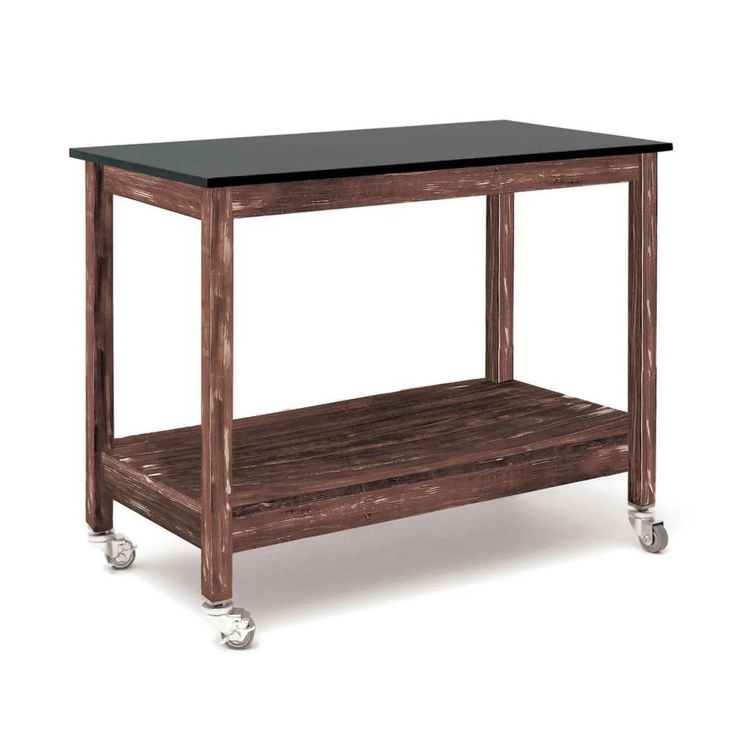 Hubert 71292 Mobile Table, 48"×24"×37" H, 2‑Shelf, 22½" Spc Black Formica Top, Pine Brown, 4 Casters