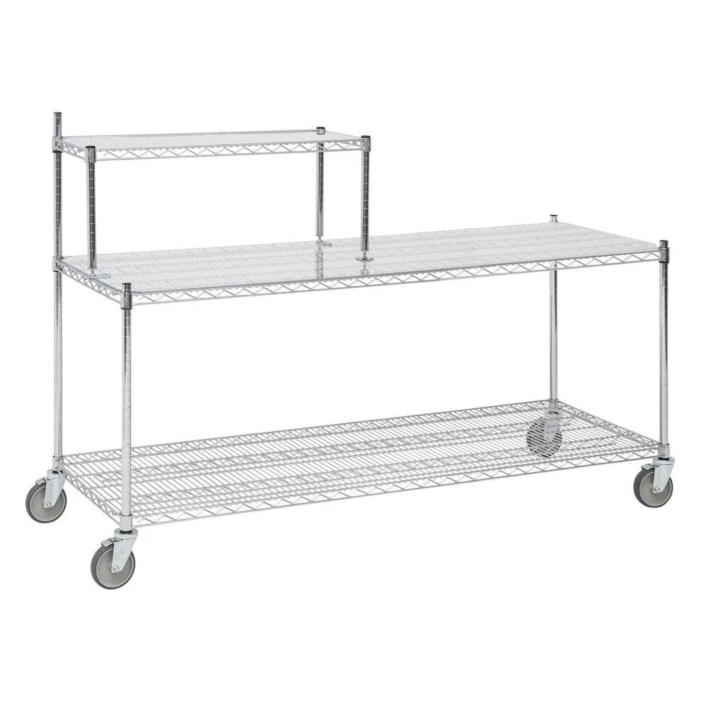 Hubert 71593 NSF Chrome Plated Steel 3-Shelf Wire Station Cart - 72" x 24" x 49"
