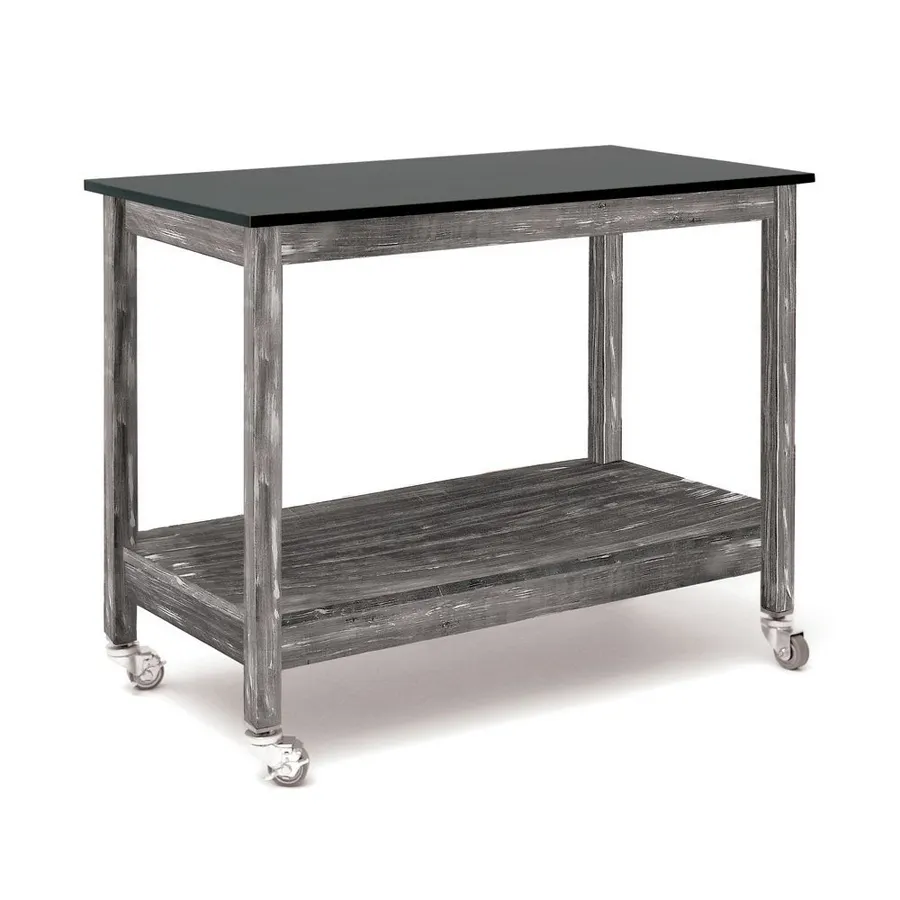 Hubert 87344 Mobile Table, 48" X 24" X 37" H, 2‑Shelf 22½" Spacing, Black Formica Top, Wood, Grey