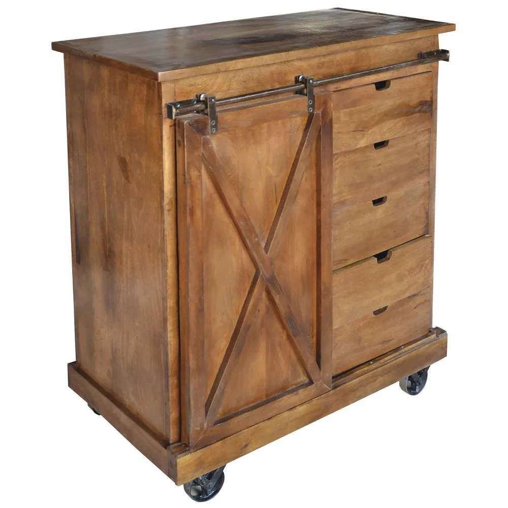 Hubert 95426 Mango Wood Display Cart w/ (3) Shelves and (5) Drawers - 48" x 18" x 54"