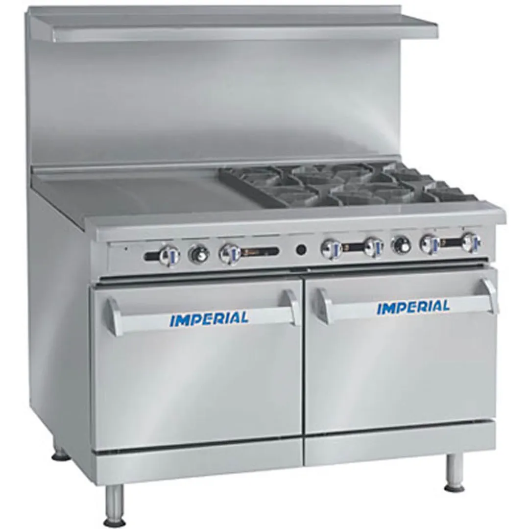 Imperial IR-4-G24 48" Gas Restaurant Range, (2) Standard / Space Saver Ovens, (4) Open Burners, (1) 24" Griddle