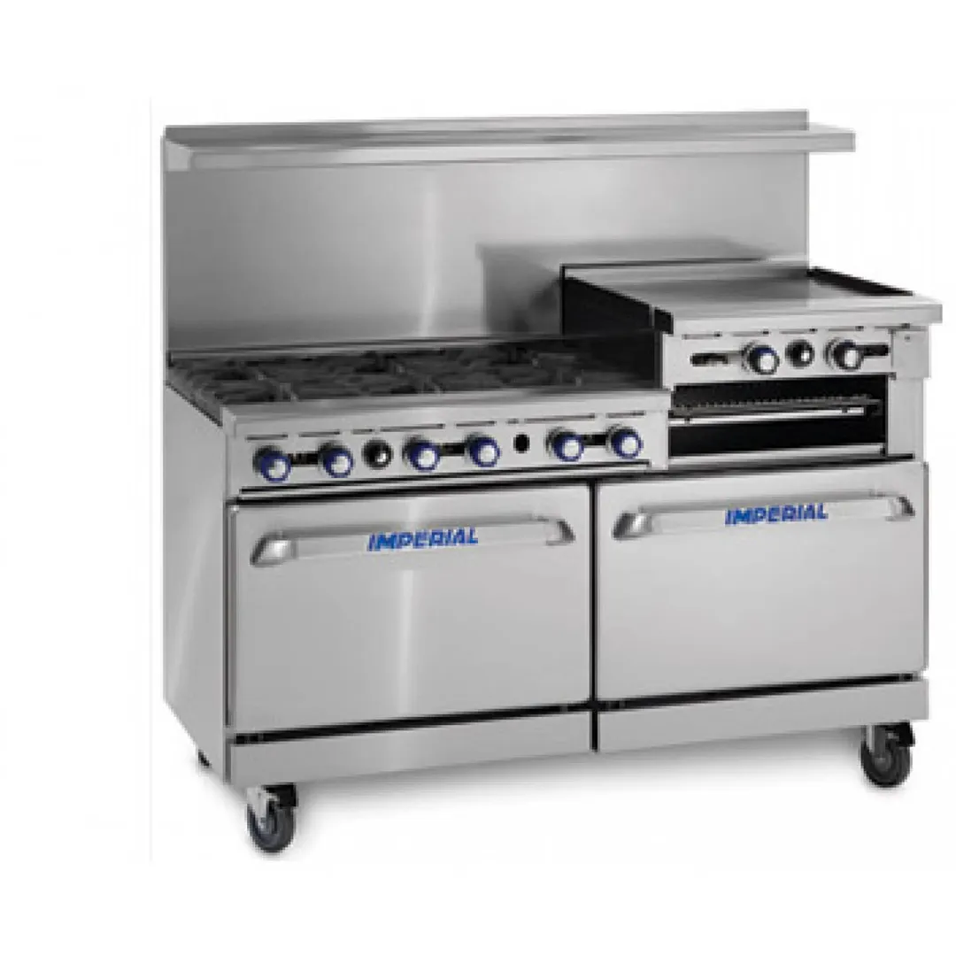 Imperial IR-6-RB24-CC 60" Gas Restaurant Range w/ (6) Open Burners, 24" Radiant Broiler, (2) Convection Ovens, 312.000 BTU