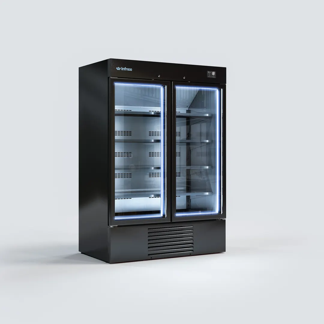 Infrico USA IMD-ERC130PHBT 40 cu ft 2‑Door Glass Freezer, Black Steel, LED, Digital, R290