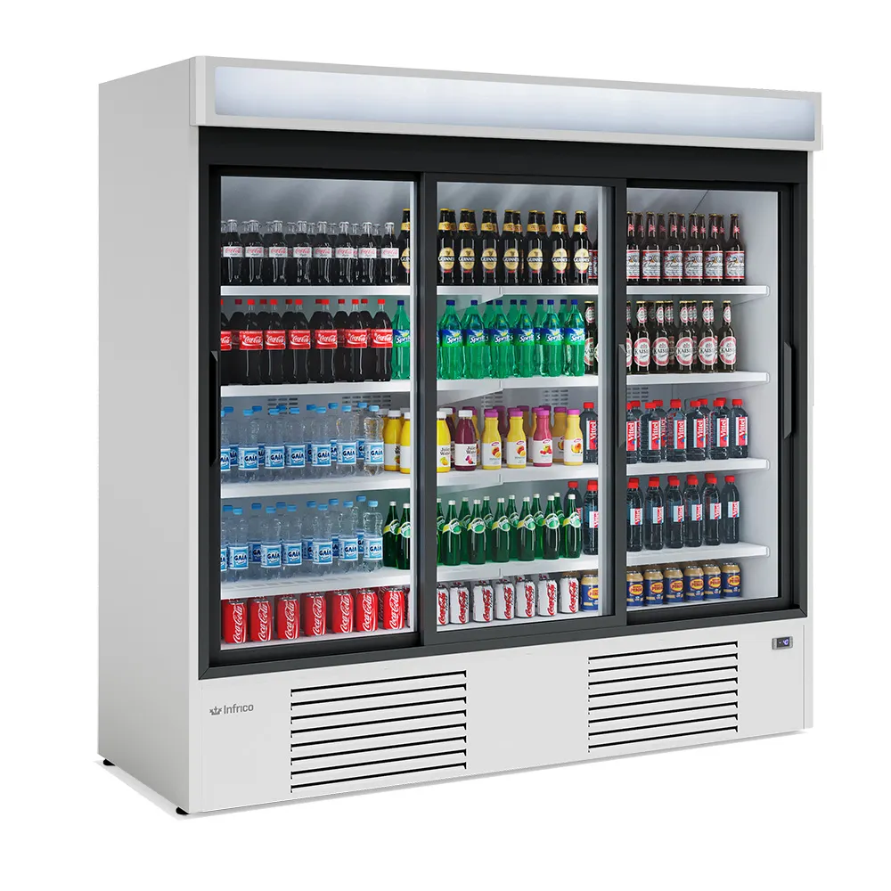 Infrico USA IMD-ERC200 Bottle Cooler 71.7 cu ft 82"W×31"D×79"H 3 Sliding Doors 8‑Shelf LED 1 HP R290