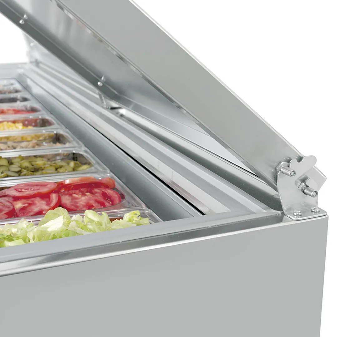 Infrico USA IRT-MR119EN 119" 4-Section Refrigerated Pizza Prep Table, (16) 1/3 GN pans, 37 cu. ft.