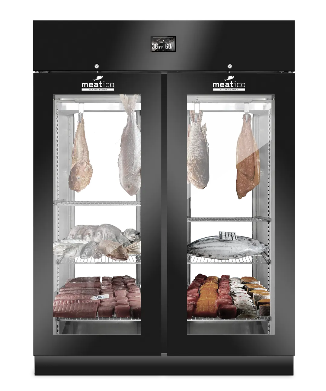 Meatico FISH 1500 PANORAMA Fish Aging Cabinet – 59"W x 33"D x 82"H, 660 lb capacity, Black, triple pane glass doors