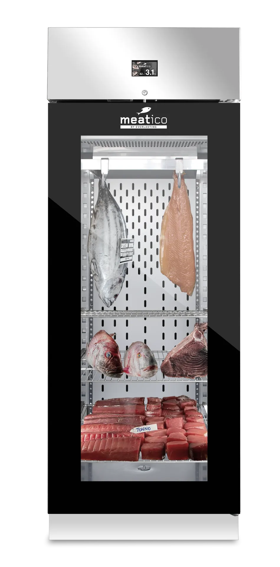Meatico FISH 700 Fish Aging Cabinet – 30"W x 33"D x 82"H, 330 lb, Black Glass, 304 Stainless, R290, NSF/ETL
