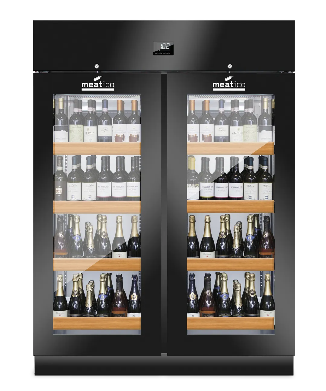 Meatico WINE 1500 Cabinet – 59"W x 33"D x 82"H, 336 Bottle Capacity, 2 Triple Pane Glass Doors, Stainless Interior Black