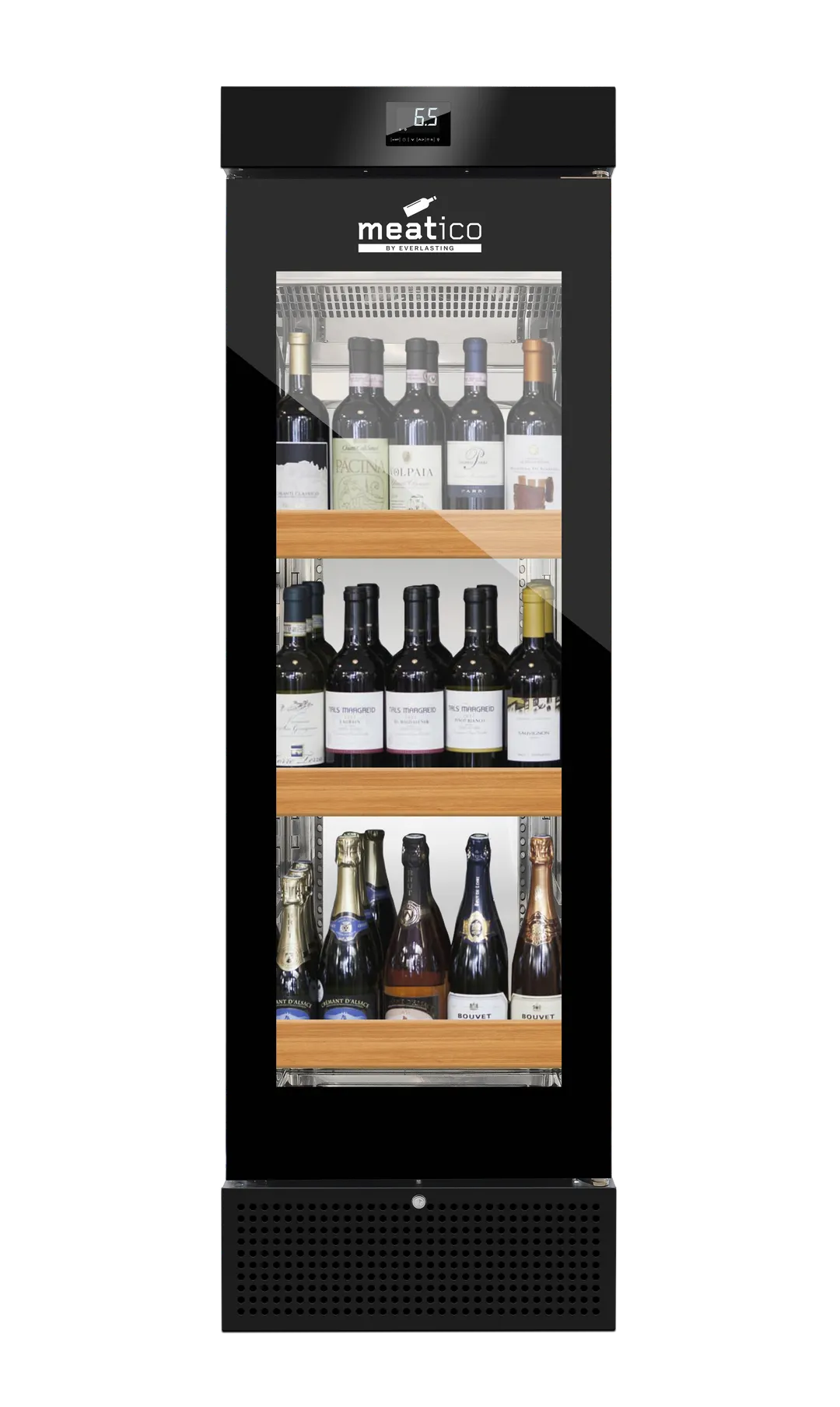 Meatico WINE 400 75-Bottle 24"W x 24"D x 76"H Black 304SS Interior, Removable Steel Drawers, R290 Refrigerant