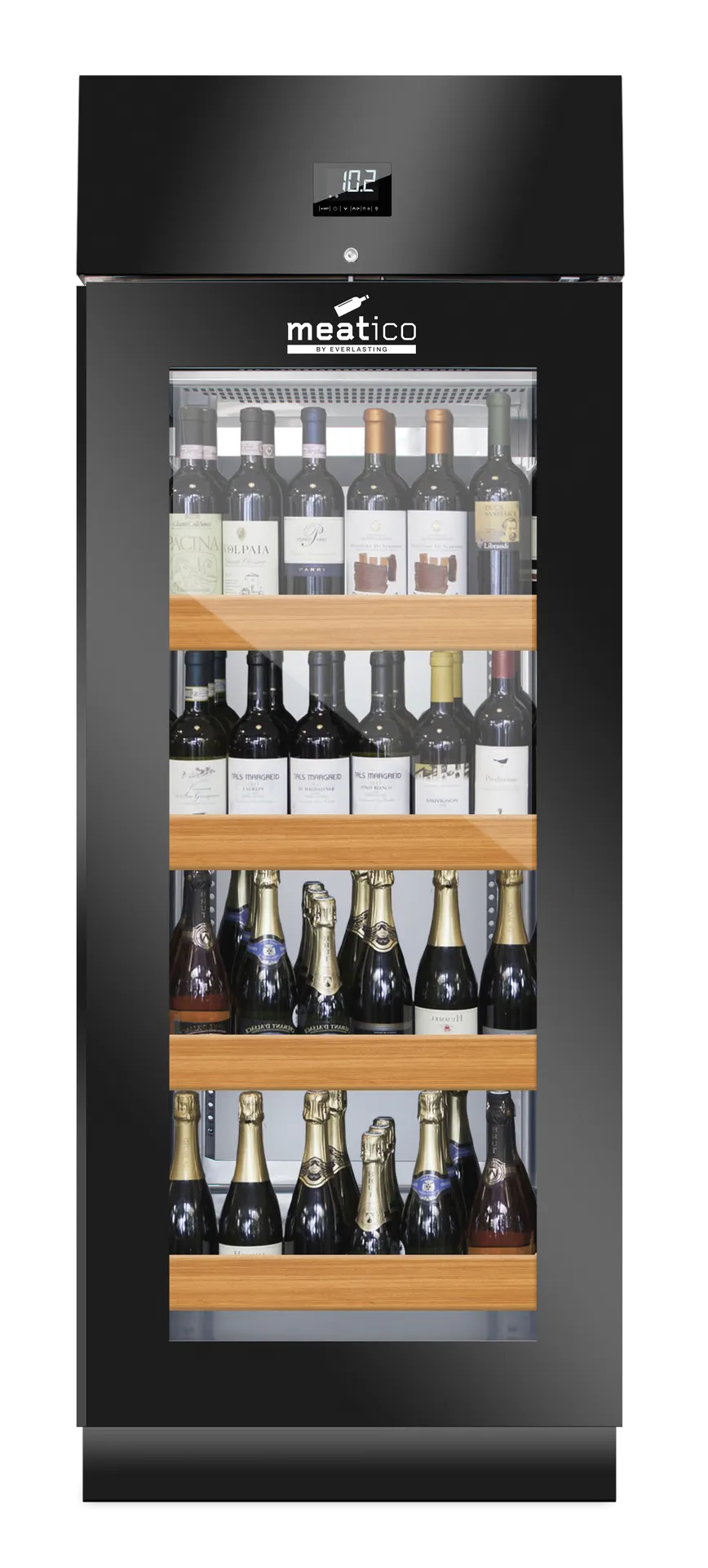 Meatico WINE 700 - 30"W x 30"D x 82"H Refrigerated Cabinet, 168 Bottle Capacity, 304 Stainless Steel Interior, Black